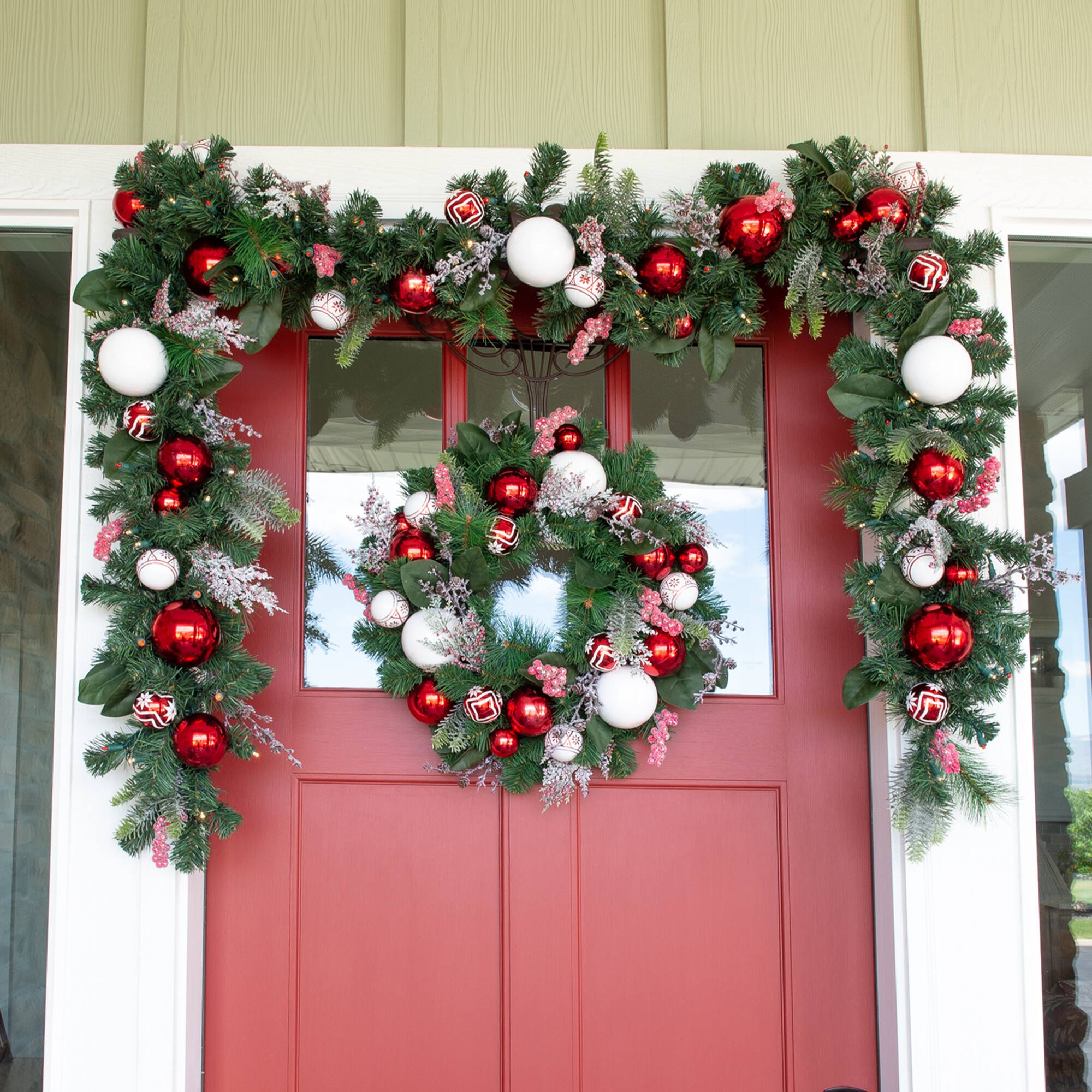 Village Lighting 24" Pre-Lit Nordic Christmas Wreath, Red & Clear LED Lights